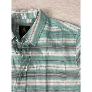PrAna Mens Large Lrg Short Sleeve Button Up Shirt Teal Stripe Pocket‎ Collared